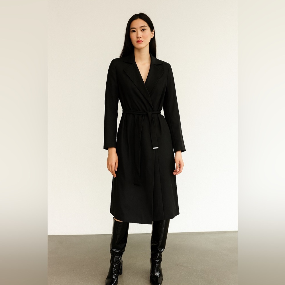 layefe wool blend Black Long Sleeve Belted Coat open